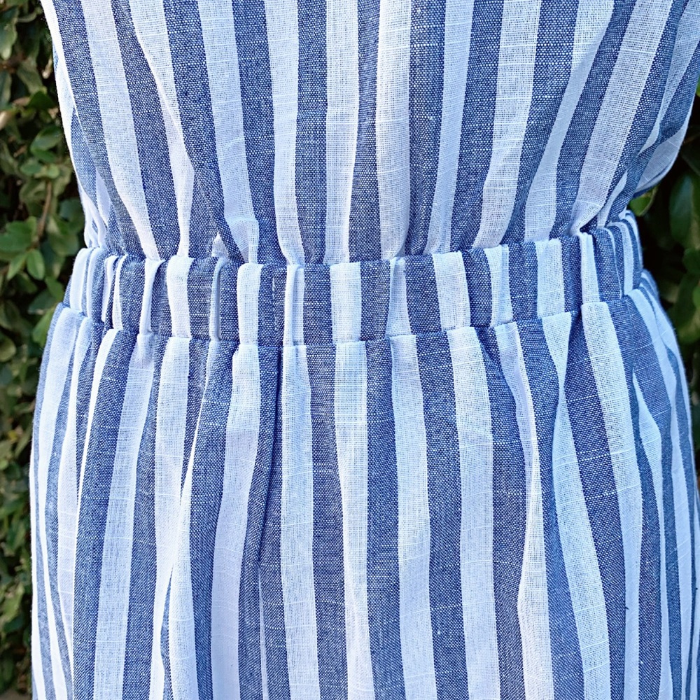 Wide Leg Linen Blue and White Striped Jumpsuit - Picture 3 of 6